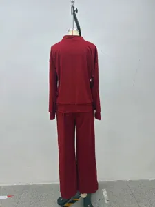 Solid Mock Neck Cardigan Sweatshirt & Wide Leg Pants Tracksuit Casual Set for Women