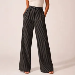 Women's Casual High Waist Striped Wide Leg Pants Loose Straight Suit Trousers Polyester Pocket Casual Bottoms