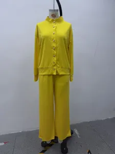 Women solid color mock neck cardigan sweatshirt and wide leg pants casual tracksuit set.