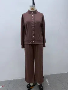 Solid color mock neck cardigan sweatshirt and wide leg pants casual two piece lounge set