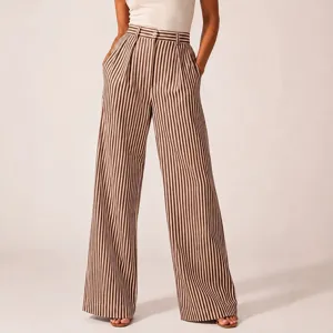 Chic brown and white striped wide-leg trousers for women, high waist casual long pants.