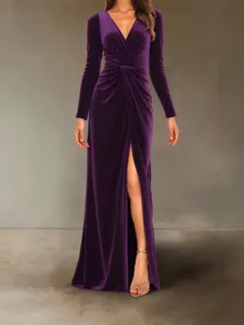 Elegant purple velvet long sleeve V-neck evening dress with high split for formal party.