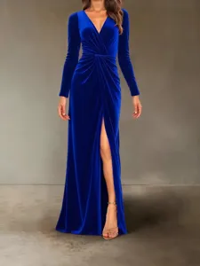 Royal blue velvet long sleeve maxi dress with v-neck and elegant front slit for women.