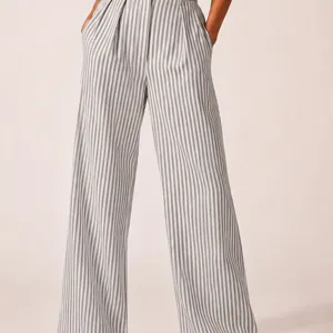 Chic grey white striped high waist wide leg trousers casual loose pants with pockets.