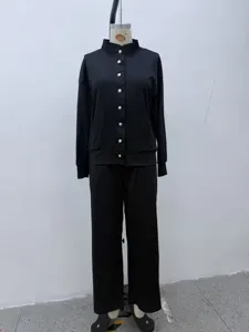 Black stand collar cardigan sweatshirt and wide leg pants lounge set detail view.