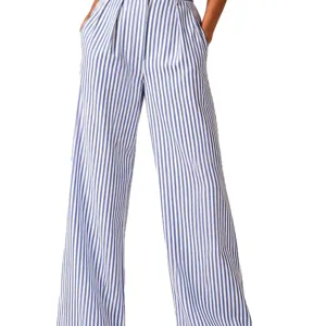 Women's Blue and White Striped Wide Leg Casual Trousers High Waist Loose Pants