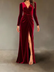 Elegant red velvet long sleeve v-neck high slit bodycon evening dress for autumn winter