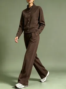 Details of the 2026 women solid stand collar cardigan sweatshirt and wide leg pants set.