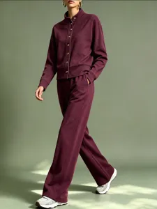 Solid color stand-collar cardigan sweatshirt and wide-leg pants casual tracksuit set for women.