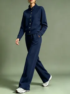 Solid color stand-collar cardigan sweatshirt and wide-leg pants casual tracksuit set