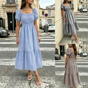 Robe Longue Style Pastoral Français Manches Bouffantes Vichy Col Carré Taille Haute Volants Robe Vintage Décontractée