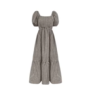 Robe longue vintage à carreaux vichy col carré manches bouffantes style français élégante chic