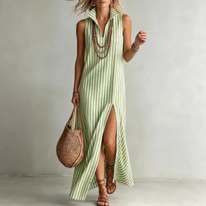 Women Elegant Striped Stand Collar Sleeveless Slit Maxi Dress Slim Fit Polyester Casual Long Dress For Vacation Daily Wear