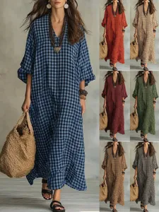 Women's Retro Plaid V-Neck Long Sleeve Maxi Dress Casual Loose Artistic Patchwork Pocket Pullover Dress For Autumn