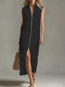 Vestido largo casual sin mangas con cuello alto y cremallera frontal para mujer.