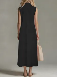 Vestido largo negro sin mangas con cuello alto, vestido casual holgado de mujer.