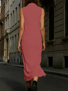 Vestido largo maxi sin mangas con solapa para mujer, vestido largo abierto liso.