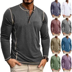 Men's Long Sleeve Henley Shirt Contrast Stitching Button Casual Polyester T-Shirt Spring Autumn Slim Fit Knit Top