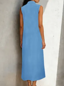 Vestido largo liso sin mangas con cuello alzado, vestido maxi casual elegante para mujer.