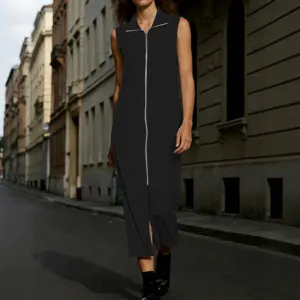 Mujer vestido largo casual sin mangas cuello alto negro cremallera apertura elegante