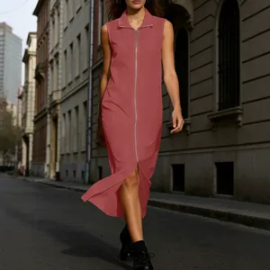 Vestido largo mujer color sólido sin mangas cremallera cuello alto estilo casual de trabajo