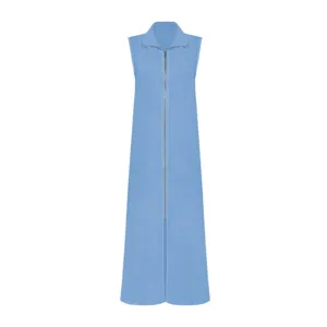 Vestido largo azul sin mangas cuello alto cremallera casual suelto con abertura mujer