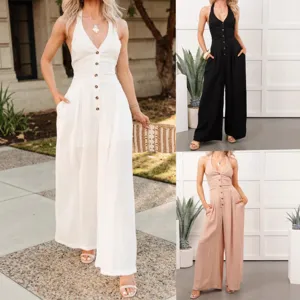 Women Halter Backless Wide Leg Jumpsuit Summer Sleeveless V Neck Button Front One Piece Romper Streetwear Fashion Polyester Long Pants Set