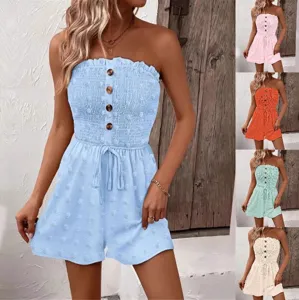 Women's Off Shoulder Romper Summer Solid Color Textured Jumpsuit With Decorative Buttons Drawstring Waist Casual Beach Wear