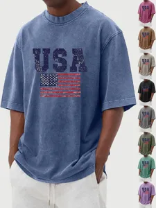 Men's Vintage Washed Oversized T-Shirt Cotton Heavyweight Distressed USA Flag Print Dropped Shoulder Casual Loose Short Sleeve Top