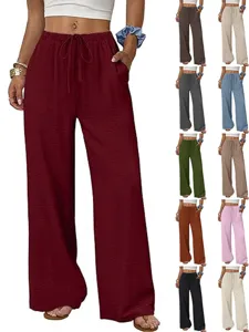 Women's Casual Wide Leg Pants High Waist Drawstring Loose Summer Trousers Solid Color Polyester Spandex Comfortable Bottoms