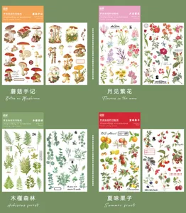 Botanical transfer stickers detail featuring plants, mushrooms, and fruits for DIY crafts.