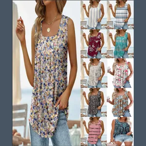 Women Square Neck Sleeveless Swallowtail Vest Pleated Front Printed Polyester Top Summer Casual Floral Geometric Patterned Tank Top