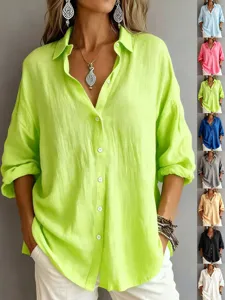 Camisa Polo de Mujer Holgada Color Sólido Blusa Casual Con Botones Elegante Top Manga Tres Cuartos Ropa de Verano Trabajo
