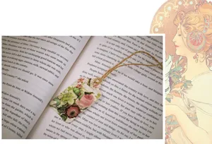 Vintage floral paper bookmark and note tag with twine for journaling, art craft and book decoration.