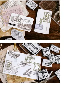 Detail van vintage botanische postzegel stempels met retro paddestoelen kaarten voor journal.