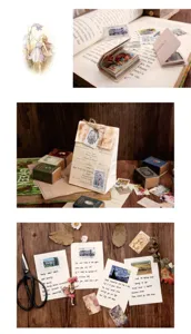 Dettaglio mini libri vintage, carte per collage di diario retro, articoli di cancelleria estetici.