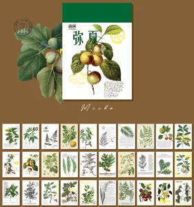 Detalle de bloc de notas botánico vintage con ilustraciones de plantas y papel decorativo.