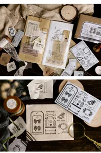 Vintage Scrapbooking Materialset mit Retro Stempeln, Tagebuch Papier und Deko Etiketten.