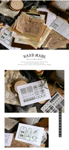Detailaufnahme von Vintage-Sammelalbum-Materialpackung mit Retro-Stempeln und Notizpapieren.