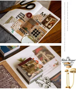 Detail view of retro vintage scrapbook material paper book, featuring artistic collage layouts.
