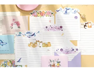 Joli ensemble de papier a lettres et d'enveloppes chat baleine pour carnet et ecriture.