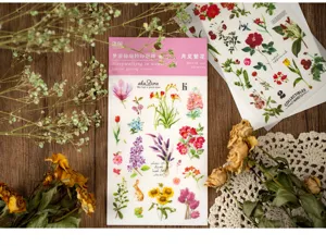 Botanical PVC transfer stickers for journaling DIY, vintage plant scrapbooking, 2 sheets.