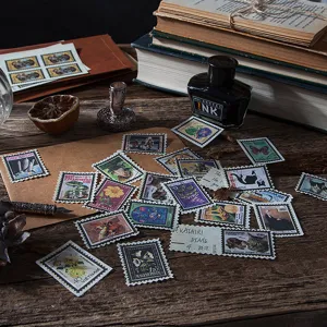 Vintage postzegel stickers set, retro decoratieve DIY materiaal voor journaling.