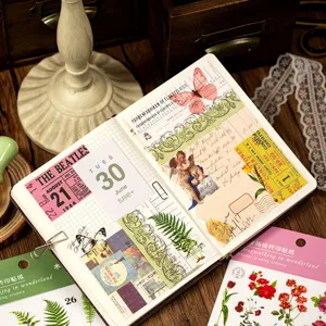 Vintage transfer stickers for journal decoration, aesthetic plant and retro ticket designs for DIY.