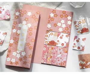 Roze kersenbloesem sticky notes set detailweergave, esthetische planner memo blocks en decopapier.