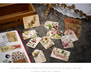 Vintage botanical stationery tags detail, retro floral message cards set for journal decor.