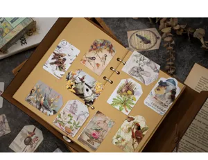 Vintage botanical bird rabbit paper tags set, retro scrapbook journal decorative DIY bookmarks.