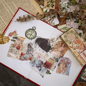 Vintage journaling material stickers and retro tags set for creative scrapbooking decor.