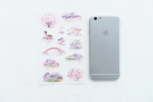 Watercolor cherry blossom sticker sheet, cute diary and planner decor with various spring designs.