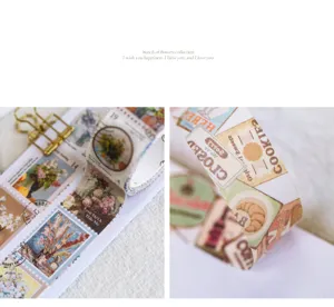Dettaglio di nastro adesivo vintage con timbri floreali, perfetto per fai da te e scrapbooking.